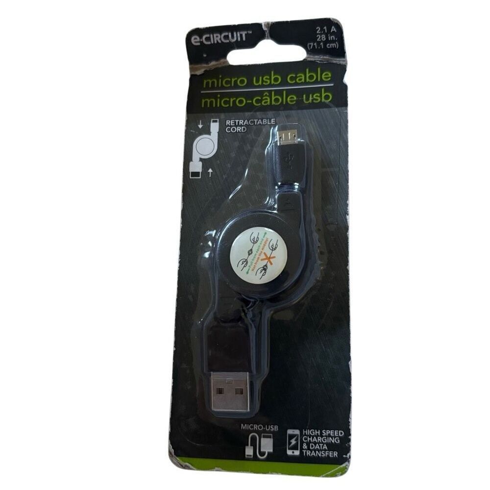 e-circuit 2.1 A 28” Micro USB Retractable Cord Cable *New*